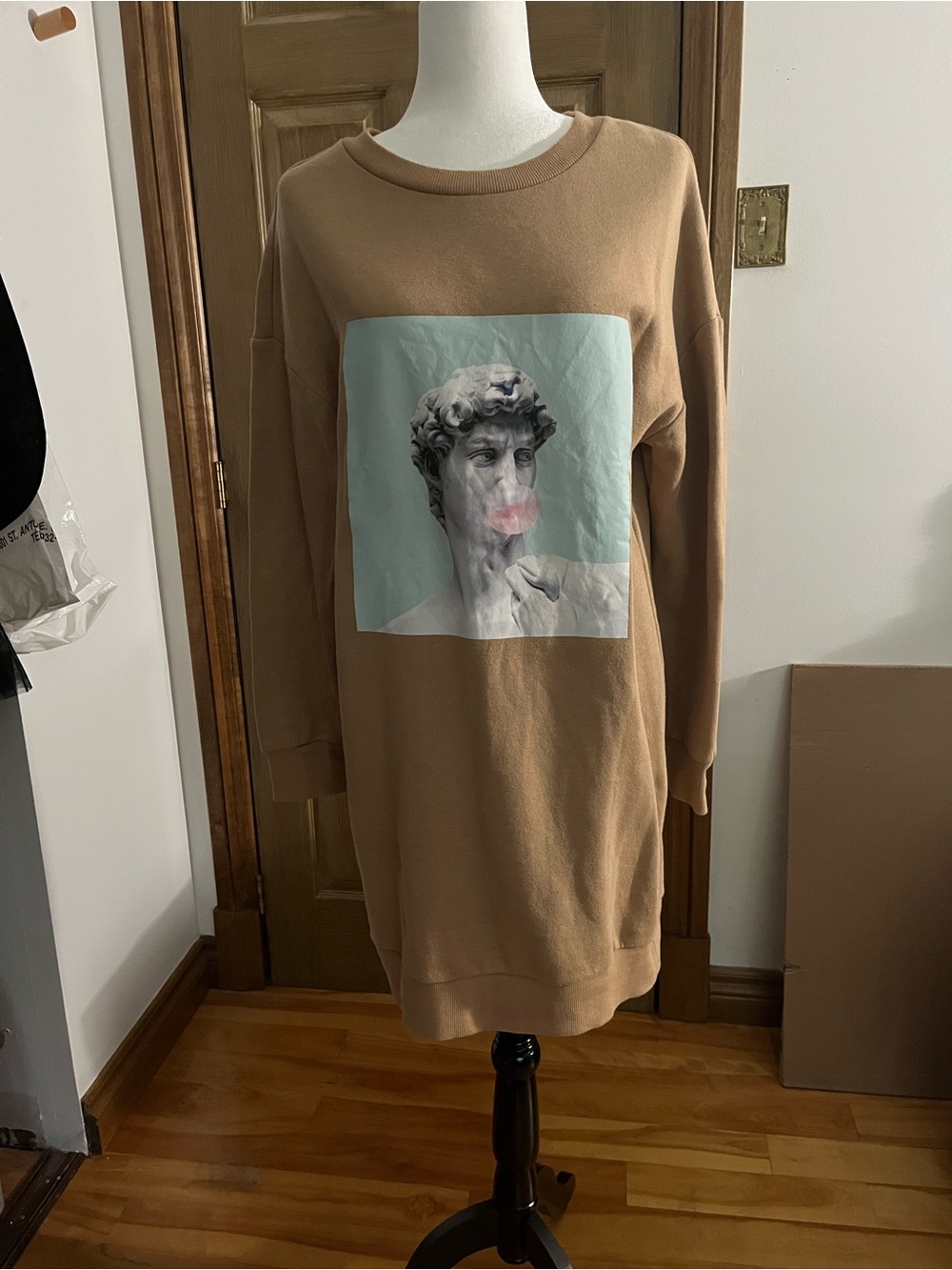 Simons Brown Sweatshirt Dress with Pastel Statue Graphic
